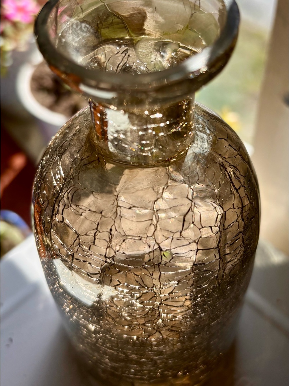 Decorative Amber Crackle glass bottle vase 5.75" tall by 3" wide